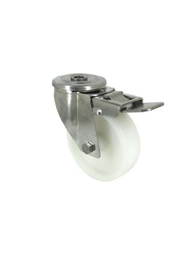 RUEDA CON AGUJERO PASANTE DE 12 MM, FRENO INOXIDABLE Y RODILLO DE NAILON DE 100 MM DE DIÁMETRO, 150 KG DE CARGA - INOXIDABLE O 1