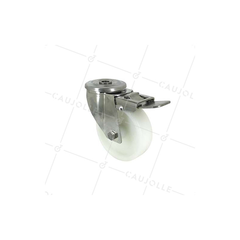 RUEDA CON AGUJERO PASANTE DE 12 MM, FRENO INOXIDABLE Y RODILLO DE NAILON DE 100 MM DE DIÁMETRO, 150 KG DE CARGA - INOXIDABLE O 1