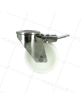 RUEDA CON AGUJERO PASANTE DE 12 MM, FRENO INOXIDABLE Y RODILLO DE NAILON DE 100 MM DE DIÁMETRO, 150 KG DE CARGA - INOXIDABLE O 1