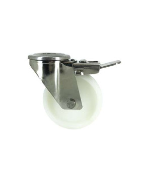 RUEDA CON AGUJERO PASANTE DE 12 MM, FRENO INOXIDABLE Y RODILLO DE NAILON DE 100 MM DE DIÁMETRO, 150 KG DE CARGA - INOXIDABLE O 1