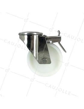 RUEDA CON AGUJERO PASANTE DE 12 MM, FRENO INOXIDABLE Y RODILLO DE NAILON DE 100 MM DE DIÁMETRO, 150 KG DE CARGA - INOXIDABLE O 1