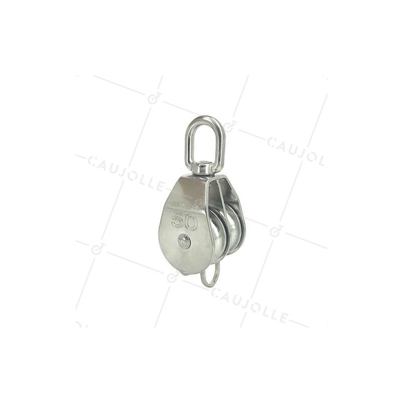 Poulie avec émerillon et double galets de diamètre 50 mm