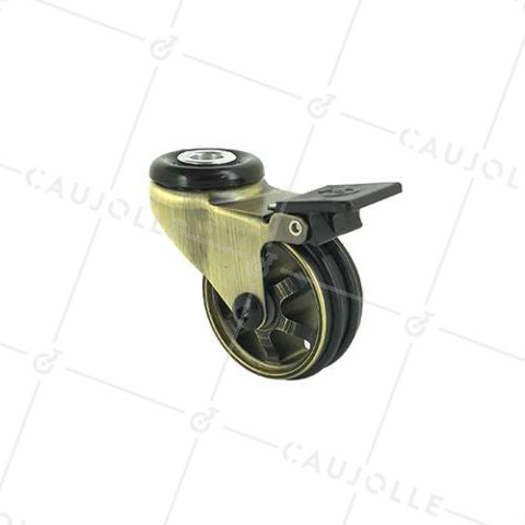 Ruota DESIGN RETRO A Foro di fissaggio A FRENO IN ALLUMINIO DORATO DIAMETRO 50 MM CARICO 30KG A FISSAGGIO DI 10 MM - GOLDSTYL50OAF • Caujolle