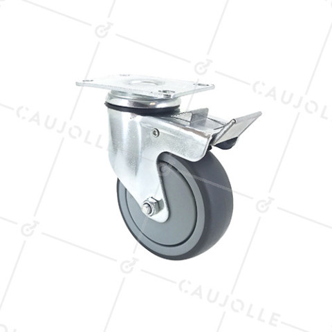 Ruota PIVOTANTE A Piastra CON FRENATO IN GOMMA SOFFICE ANTI-USURA E NON MACCHIANTE DIAMETRO 100MM CARICO 130 KG - S15P 100BL • Caujolle