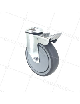 Ruota PIVOTANTE A Foro di fissaggio CON FRENO IN GOMMA SOFFICE ANTI-USURA E NON MACCHIANTE DIAMETRO 125 MM CARICO 150 KG CON FISSAGGIO DA 12 MM - S15O 125BL • Caujolle