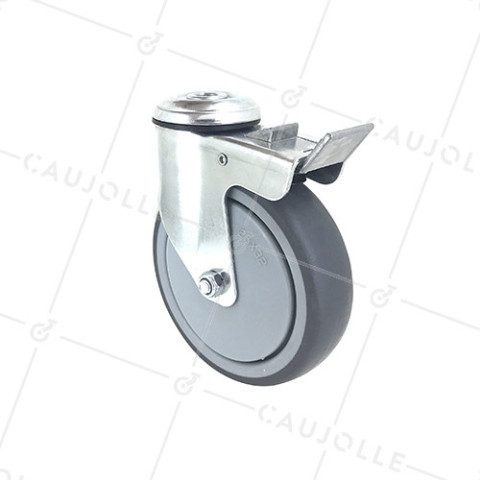 Ruota PIVOTANTE A Foro di fissaggio CON FRENO IN GOMMA SOFFICE ANTI-USURA E NON MACCHIANTE DIAMETRO 125 MM CARICO 150 KG CON FISSAGGIO DA 12 MM - S15O 125BL • Caujolle
