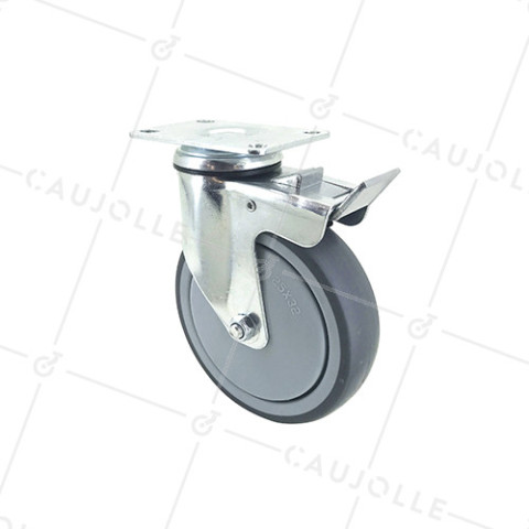 Ruota PIVOTANTE A Piastra CON FRENO IN GOMMA SOFFICE ANTI-USURA E NON MACCHIANTE DIAMETRO 125MM CARICO 150 KG - S15P 125BL • Caujolle