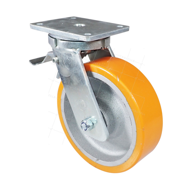 Ruota PIVOTANTE A FRENO IN GHISA POLIURETANICA DIAMETRO 250 MM CARICO 1800 KG - STEC 250 PAF