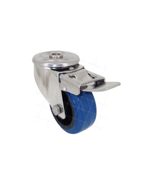 Ruota INOX IN GOMMA ELASTICA CON Foro di fissaggio A FRENO DIAMETRO 80 MM CARICO 120 KG CON FISSAGGIO DI 12 MM - INOX Foro di fissaggio 80AF BLU • Caujolle