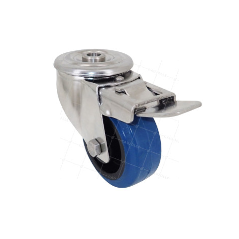 Ruota INOX IN GOMMA ELASTICA CON Foro di fissaggio A FRENO DIAMETRO 80 MM CARICO 120 KG CON FISSAGGIO DI 12 MM - INOX Foro di fissaggio 80AF BLU • Caujolle