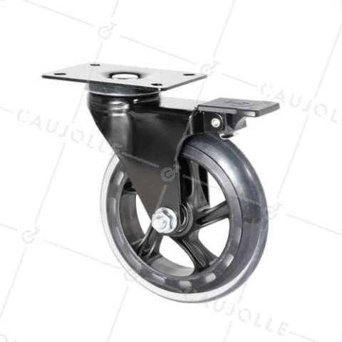 Ruota TRASPARENTE A Piastra CON FRENATURA Cuscinetto A SFERE DIAMETRO 125 MM CARICO 40 KG - BLACKROL 125PAF • Caujolle