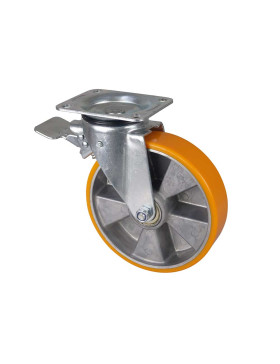 Ruota PIVOTANTE A FRENO IN POLIURETANO RIM ALUMINIO DIAMETRO 200 MM CARICO 300KG - S74AR 200AF
