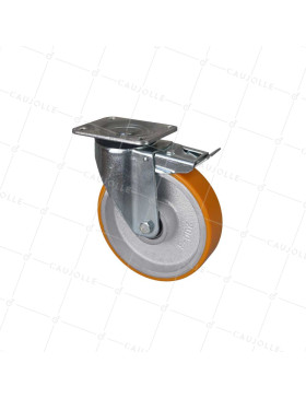 RUOTA GIRATORIA CON RUOTA IN GHISA E POLIURETANO DIAMETRO 200 MM CARICO 1000 KG A FRENO ANTERIORE - S78 SFPU 200 FRENO ANTERIORE • Caujolle