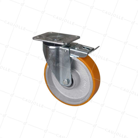 RUOTA GIRATORIA CON RUOTA IN GHISA E POLIURETANO DIAMETRO 200 MM CARICO 1000 KG A FRENO ANTERIORE - S78 SFPU 200 FRENO ANTERIORE • Caujolle