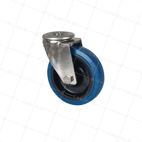 Ruota INOX A Foro di fissaggio IN GOMMA ELASTICA A FRENO DIAMETRO 125 MM CARICO 150 KG - INOX O 125NS BLU • Caujolle